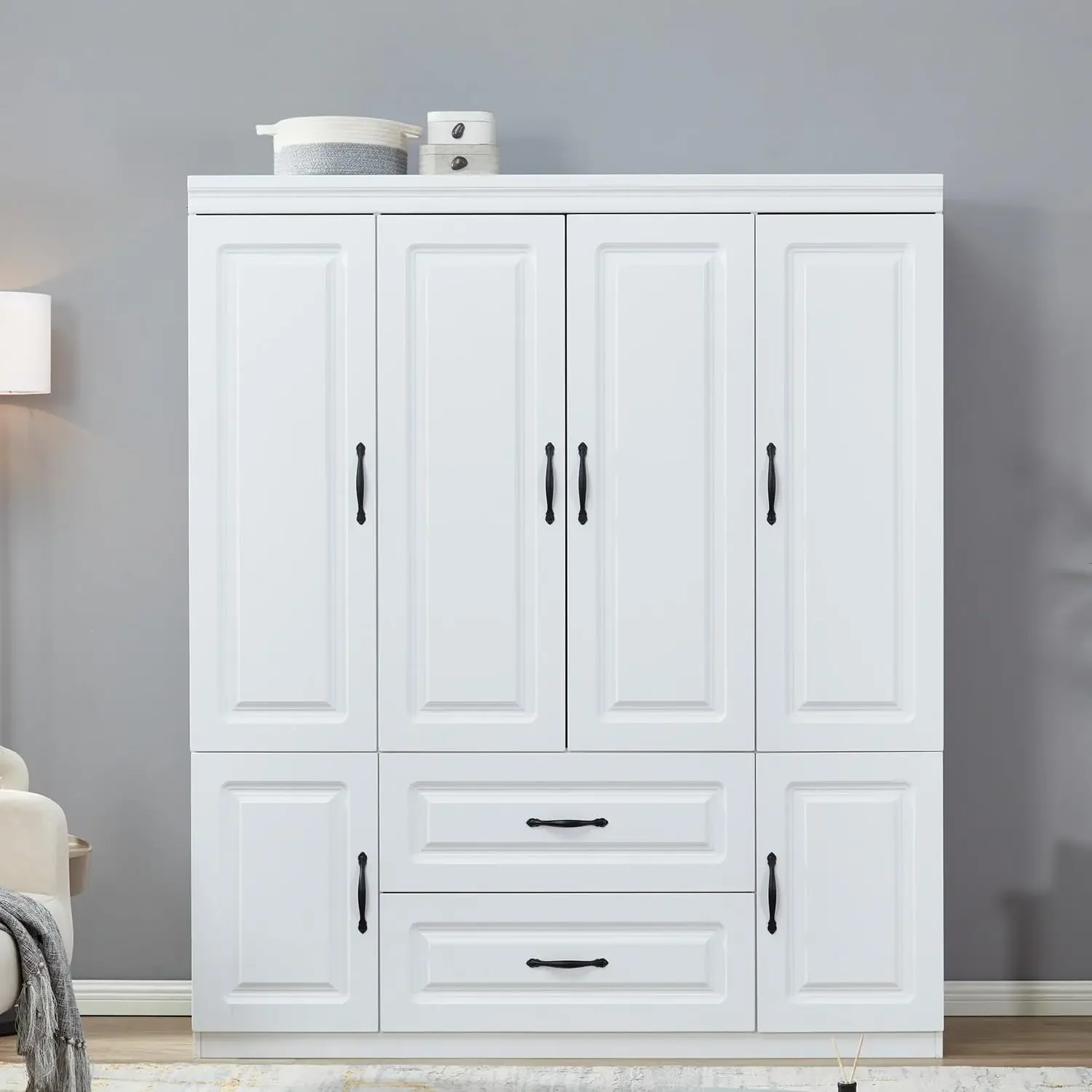 Closet Wardrobe with 4 Doors 2 Drawers White Armoire Wardrobe Closets Freestanding Bedroom Wardrobe Cabinet home furniture