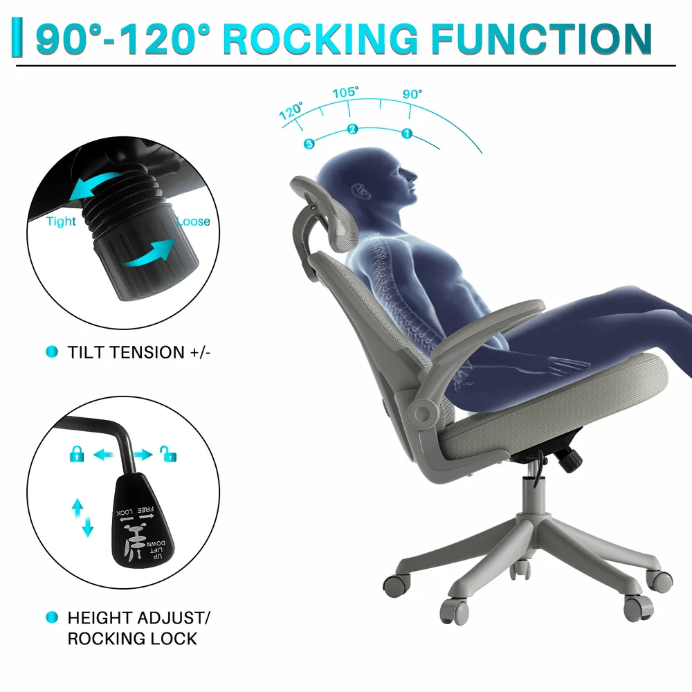 Office Chair, High Back Desk Chair With Adjustable Lumbar Support Headrest, Home Office Swivel Mesh Computer Chair FlipUp Armre