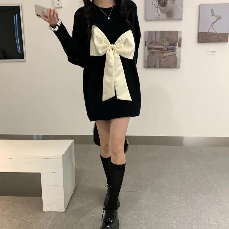 

Preppy Style Romantic Bowknot Sweater for Women Pullover Autumn Winter New Mid Length Loose Lazy Black Sweaters Long Top