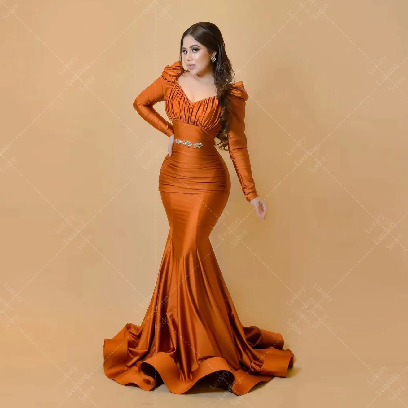 Luxury Arabic Mermaid Evening Dresses Woman\'s Sexy V Neck Long Sleeve Satin Formal Plus Size Prom Gowns Vestidos فساتين السهرة