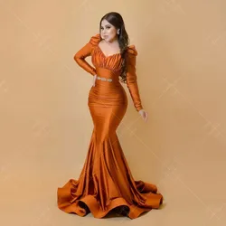 Luxury Arabic Mermaid Evening Dresses Woman's Sexy V Neck Long Sleeve Satin Formal Plus Size Prom Gowns Vestidos فساتين السهرة