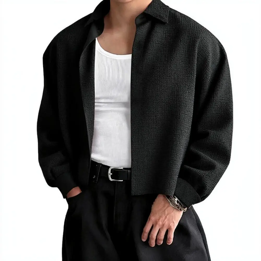 Mens Minimalist Texture Shirt Oversized Drop Shoulder Design Solid Color Long Sleeve Casual Fashion European Style Top