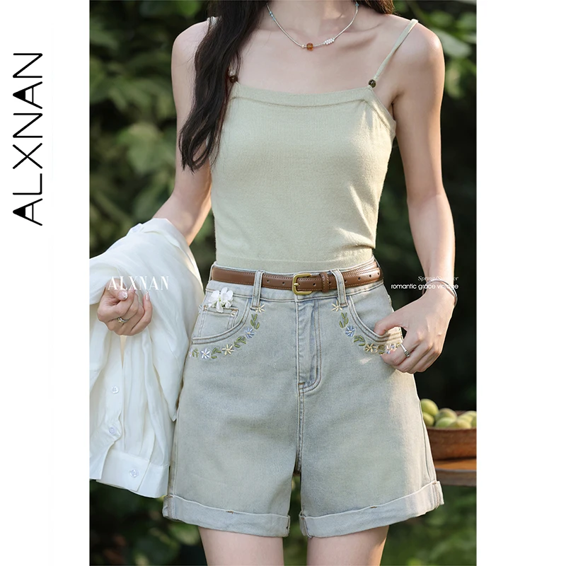 

ALXNAN женские шорты светло-голубые элегантные джинсовые шорты с широкими штанинами и вышивкой, лето 2025 г., повседневные свободные короткие брюки женские L55988