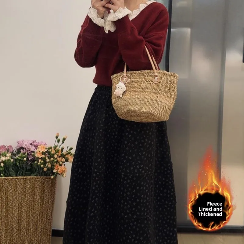 Winter Floral High Waist A-Line  Skirt Women's Woolen Skirts Elegant Umbrella Skirts Fleece Lined Ladies Skirts