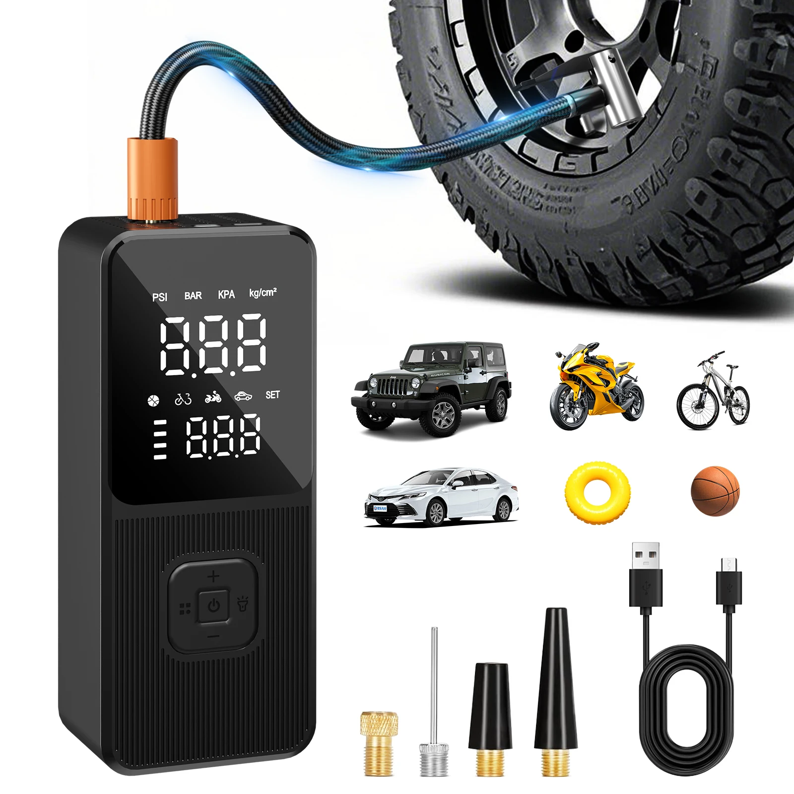 ポータブルカーエアポンプ-ミニ電動エアポンプ-自転車、マウンテンバイク、ロードバイクに適したコンパクト設計