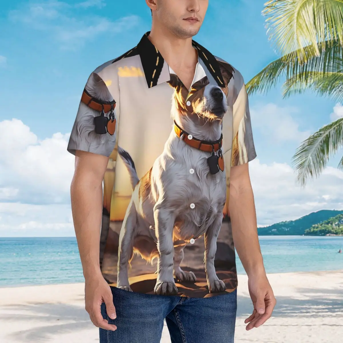 

Jack Russell Dog At Sunset Hawaiian Shirts Casual Men Short Sleeve Shirt for Summer Beach Men's Lapel Tops