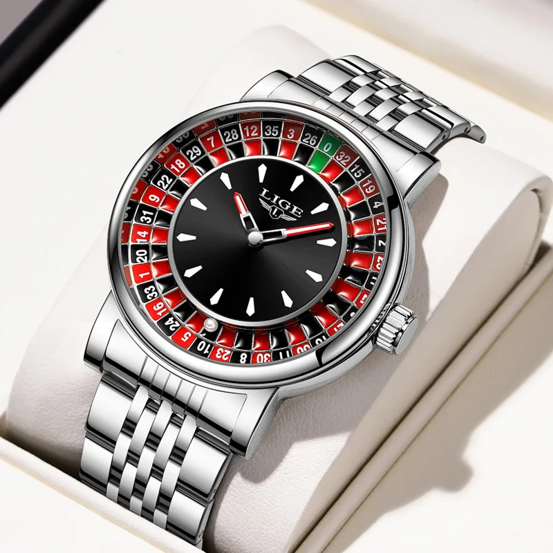 

LIGE Russian Roulette Dial Man Watch Creative Man Wristwatches Business Full Steel Watch Luminous Rotatable Lucky Ball+Box