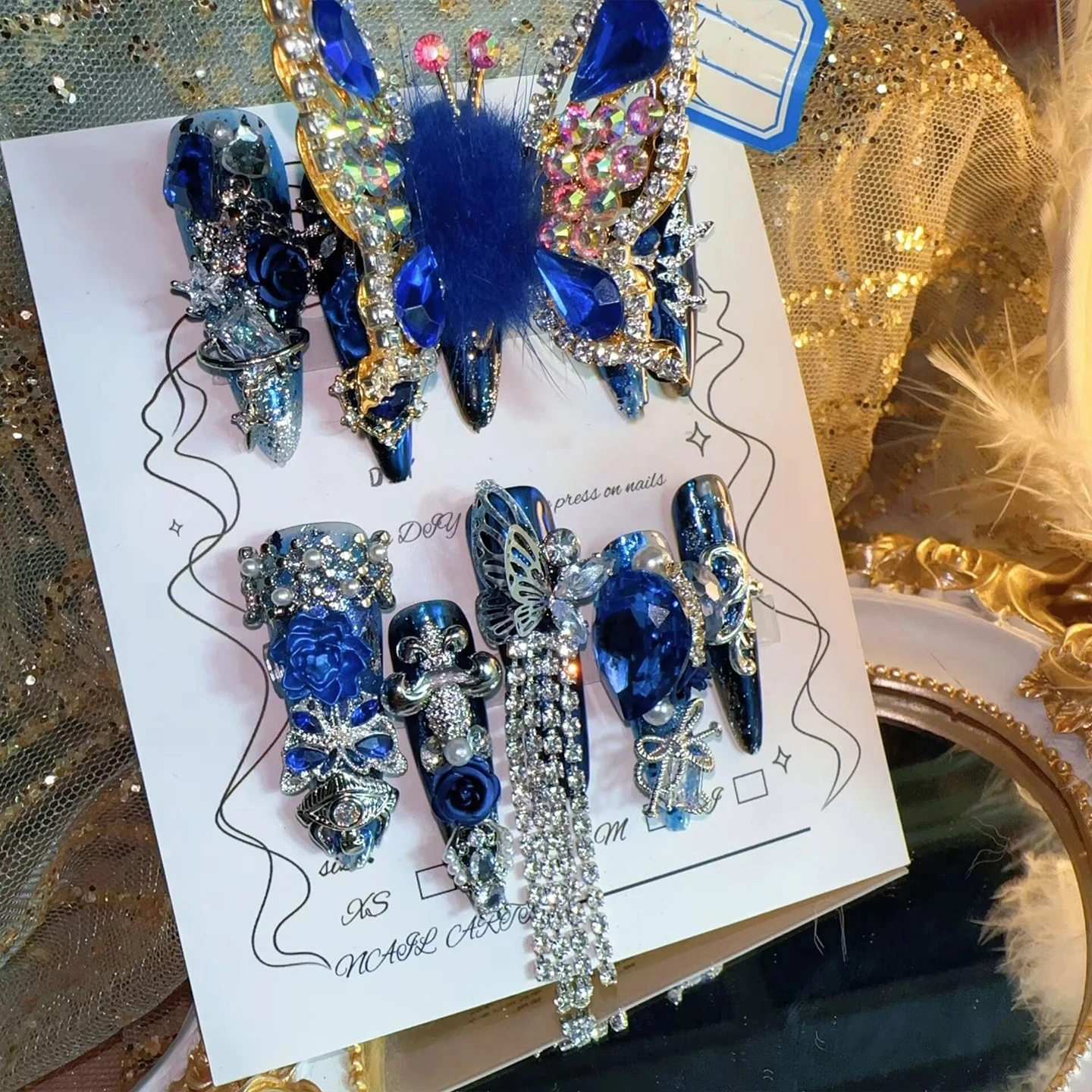 Fantasy Fairy Press On Nails Deep Blue Diamond Butterfly Decoration Design  Royal Blue Glitter Easy To Apply  Royal Blue Glitte