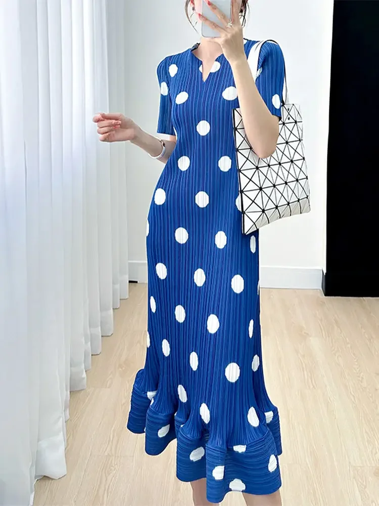 Luxury Summer Maxi Dress Pleated A-line Dress Women Polka Dot Print High End Loose Chic Short Sleeve Dresses Design Blue Black