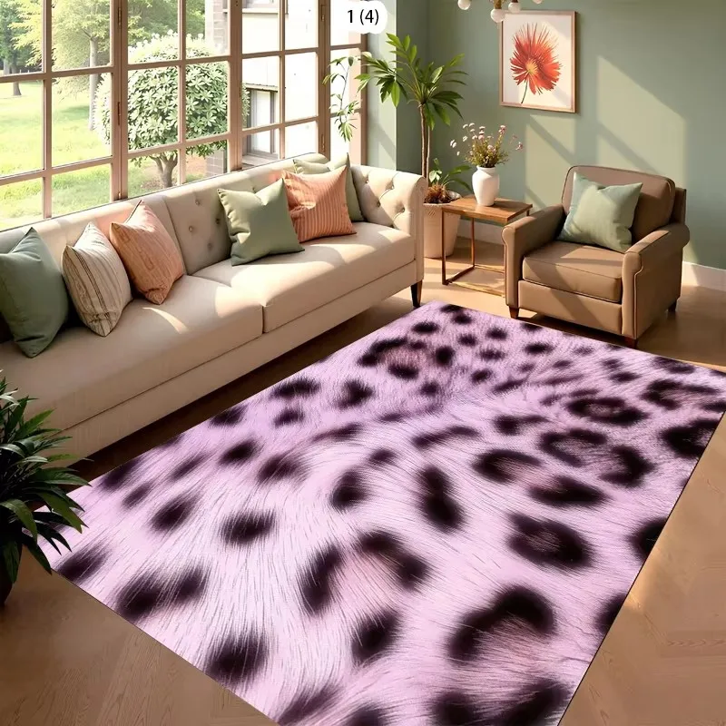 Trendy Leopard Print Rug for Living Room Bedroom Home Decoration Flannel Floor Mat with Pink Fur Texture Animal Spotted Pattern