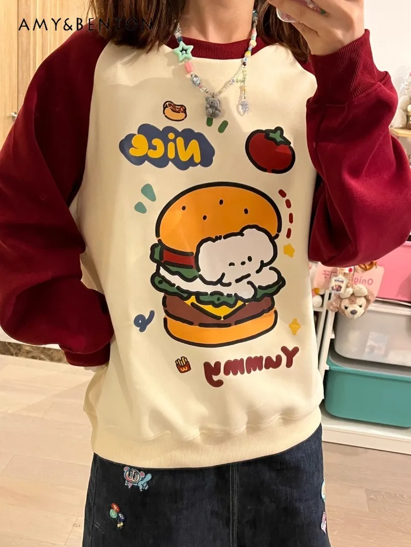 

Autumn and Winter Burger Cartoon Printing Crew Neck Velvet Contrasting Color Splicing Burgundy White Versatile Sweater For Women