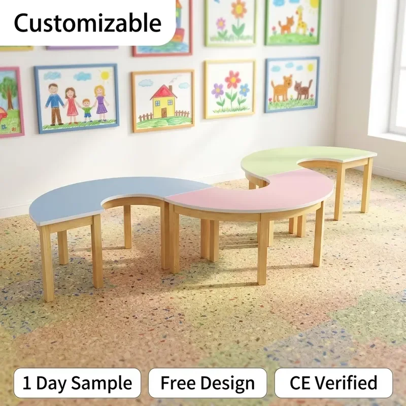 Wooden Semi-Circular Kids Desk for Kindergarten Nursery School Study Storage Furniture for Bedroom Living Room