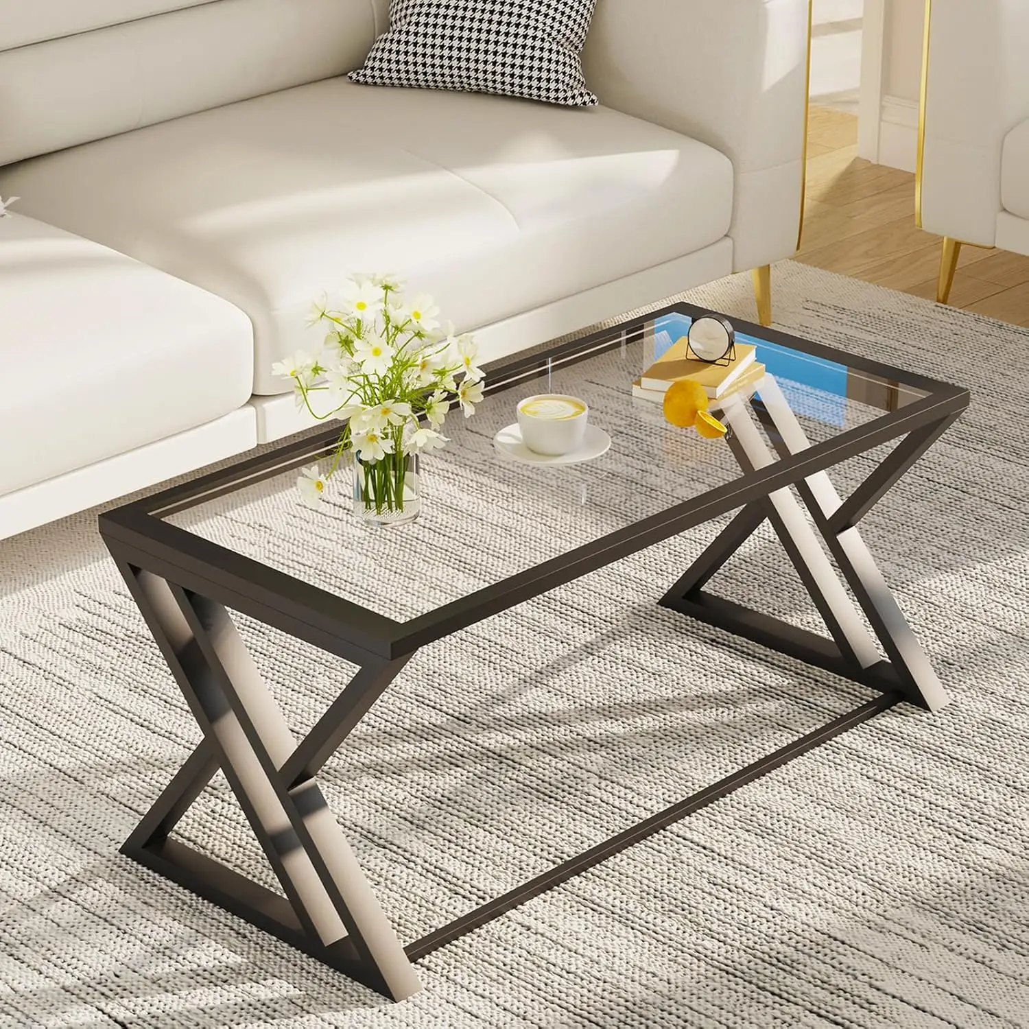 

Modern Black Glass Coffee Table with Sturdy Metal Frame, Rectangular Center Table for Living Room, Bedroom, Home Office