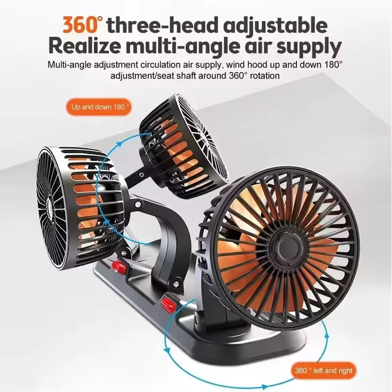 2026 New Car Three-Head Fan Can Rotate 360° USB Interface And Car Cigarette Lighter Interface 5V/12V/24V Multi-Power Selections
