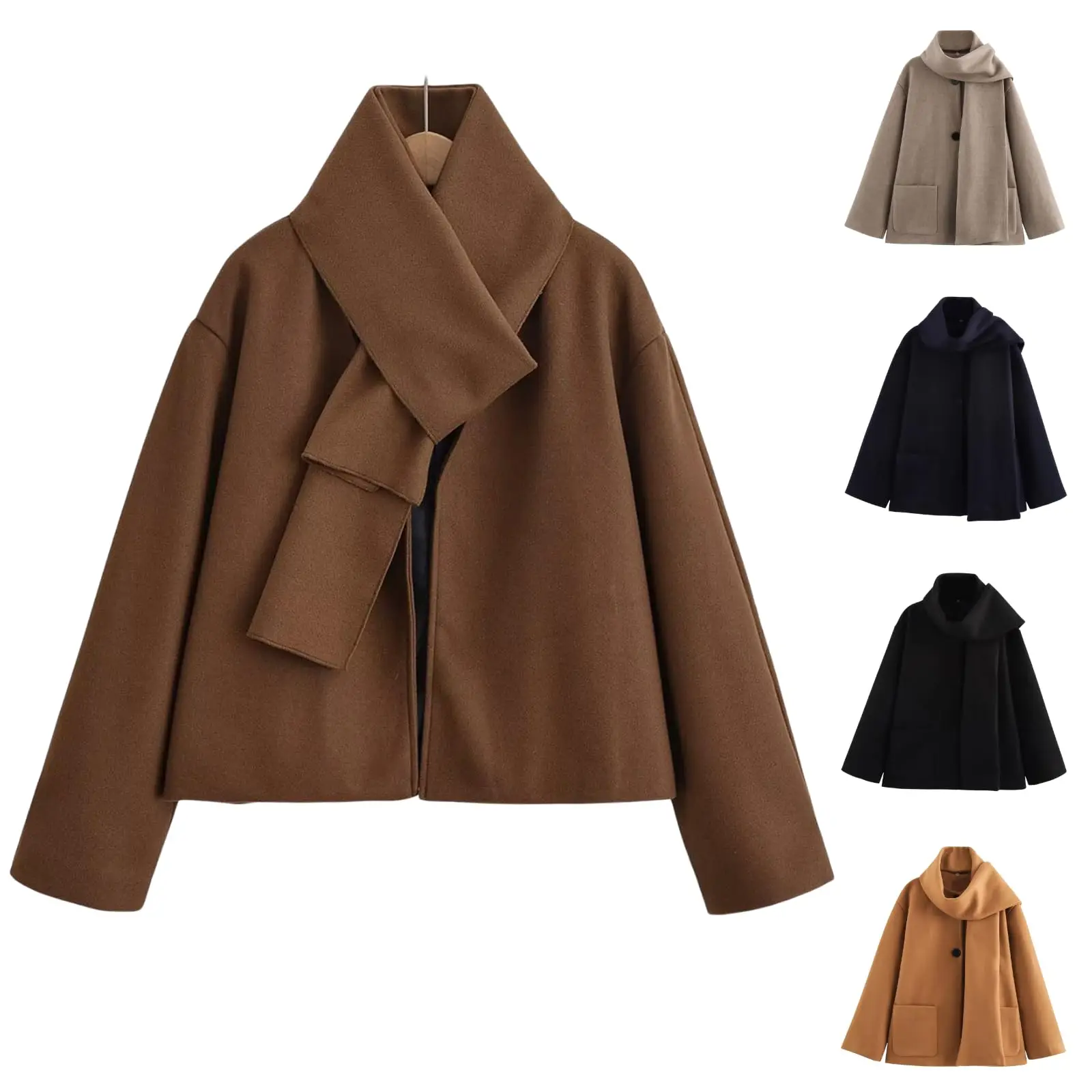

Detachable Scarf Woolen Coat Jacket Ladies' Casual Solid Color Fashionable Jacket Winter Outdoor Cardigan Coat