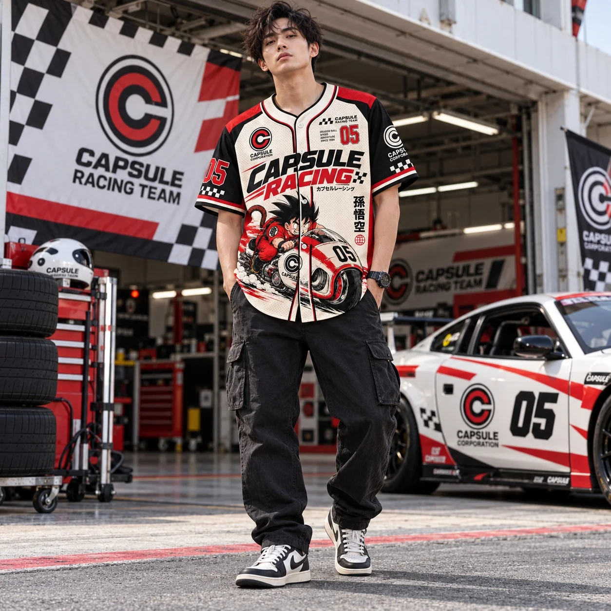 Dragon Ball Goku Mens Baseball Jersey Capsule Racing Anime Graphic Button Up Short Sleeve Shirt Retro Streetwear