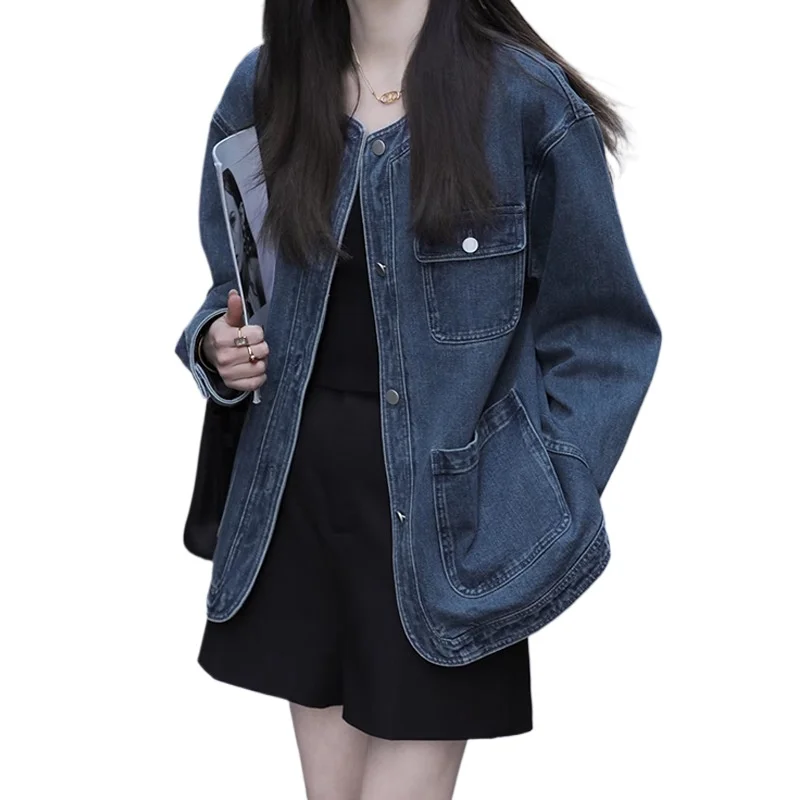 2024 Spring Women's Jeans Jackets Vintage O Neck Denim Jacket Overalls Coat Pocket Single Breasted Clothes New Baggy Chic Top