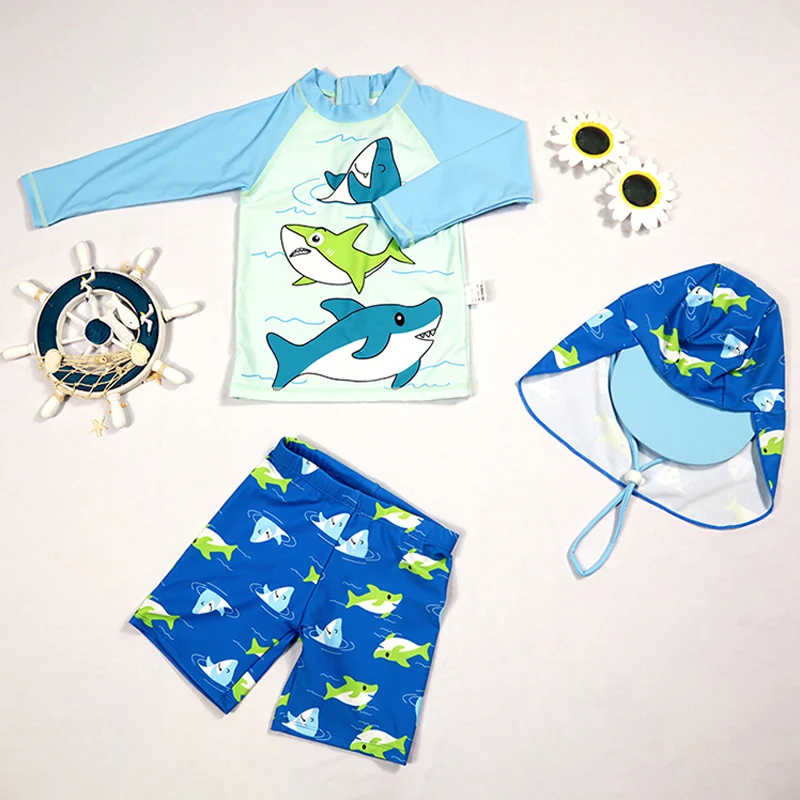 3 PCS Children Swimming Costume Boy Swimwear Cute Shark  Swim Suits Sunblock Beach Clothing With Cap Kids Boys Swimsuits 2-15Y