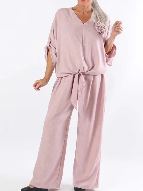 

Autumn Solid Color Two Piece Set Loose V-neck 3D Flower Decorative Lace Up Long Sleeved Top High Waist Wide Leg Pants Set Women