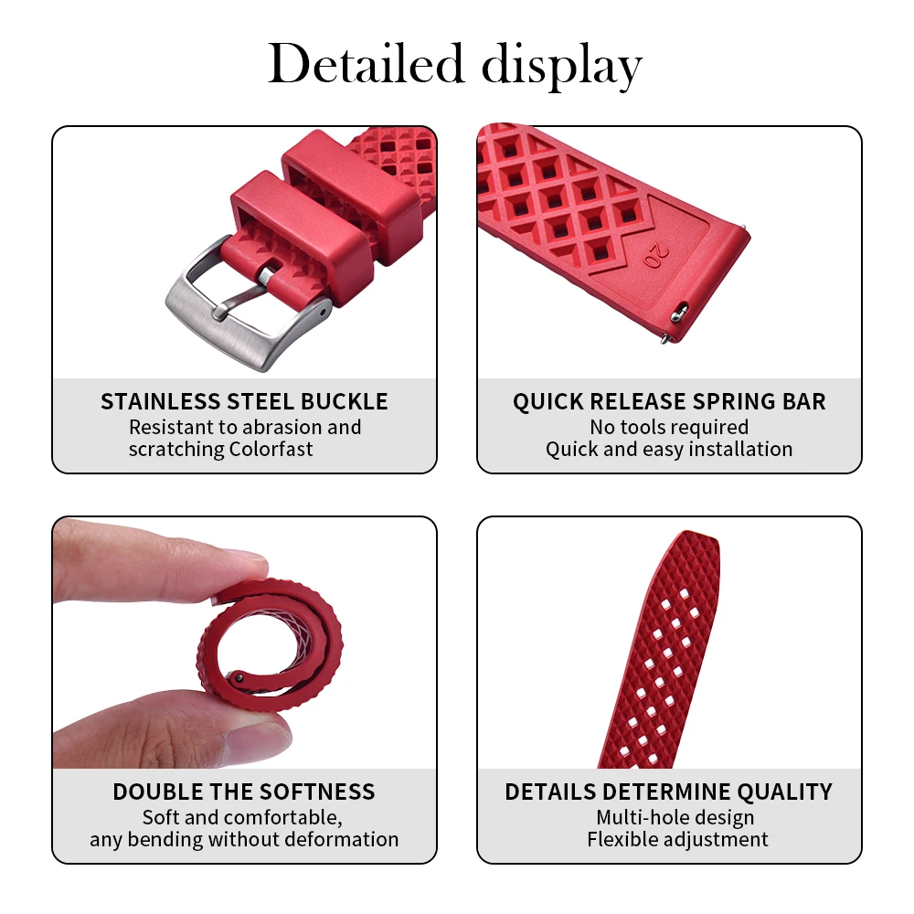 20 مللي متر 22 مللي متر FKM حزام ساعة مطاطي سريع الإصدار مقاوم للماء لساعات الغوص الرياضية تصميم مقاوم للتعرق #2