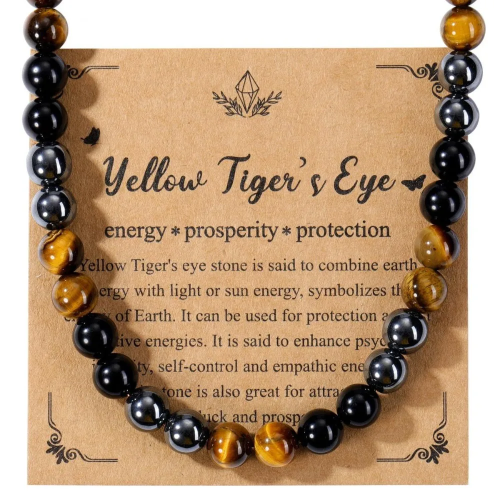 Triple Protection Necklace Natural Yellow Tiger Eye Black Obsidian Hematite Beaded Necklace for Men Healing Stone Jewelry Gift