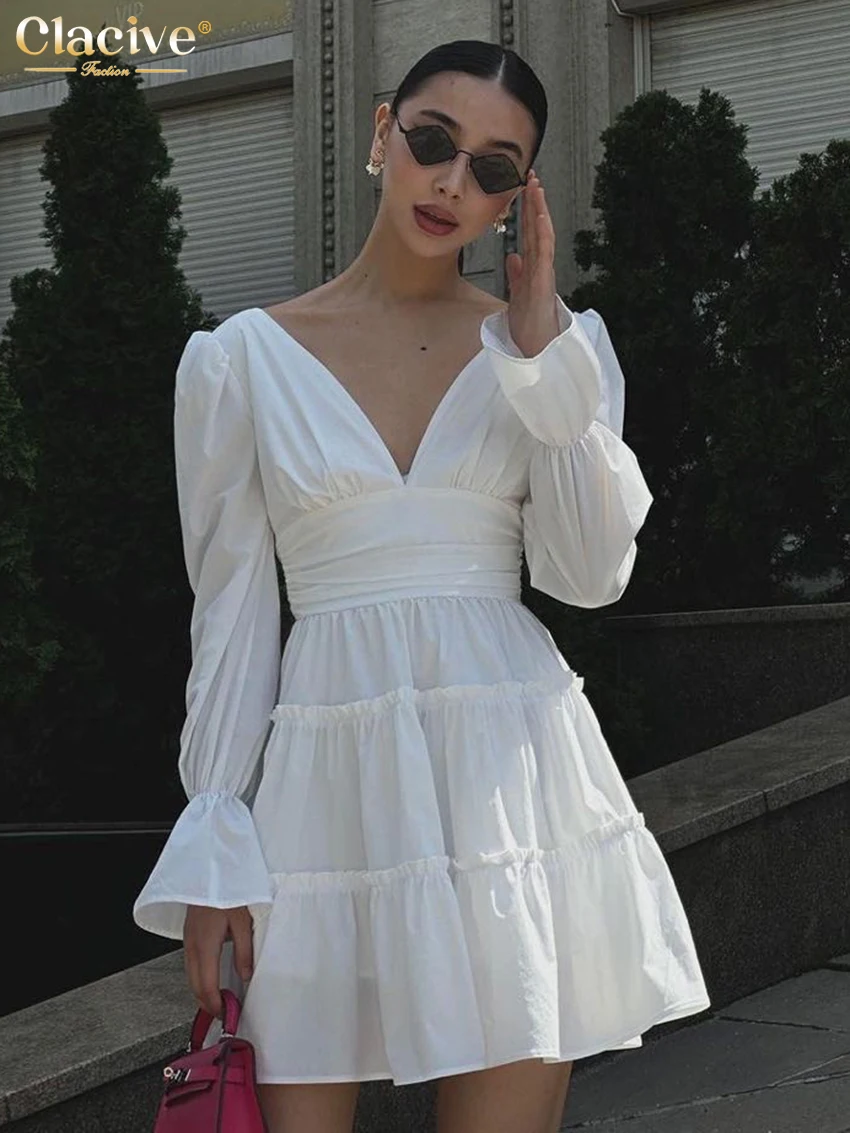 Clacive Sexy Slim White Cotton Women Dress Fashion Deep V-Neck Long Sleeve Mini Dresses Elegant Classic High Waist Female Dress