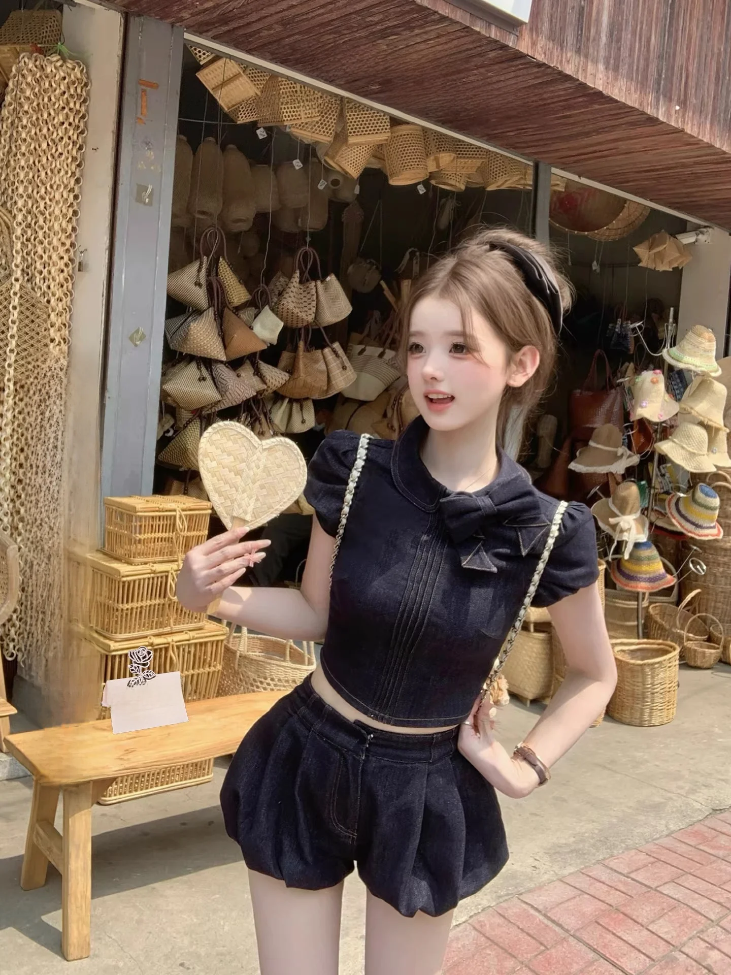 

Handmade Knot Peter Pan Collar Denim Top Shorts Set Smoke Blue Women's Fashion Spring Two-Piece Suit ...