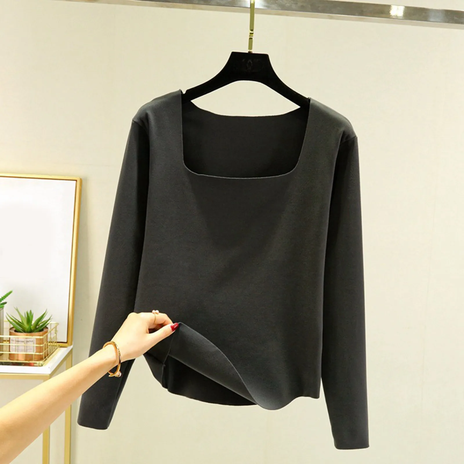 U Neck Long Sleeve Shirt Women Warm Fleece Sexy Cropped Tops Autumn Winter Solid Color Casual Skinny Slim Basic Underwear Woman