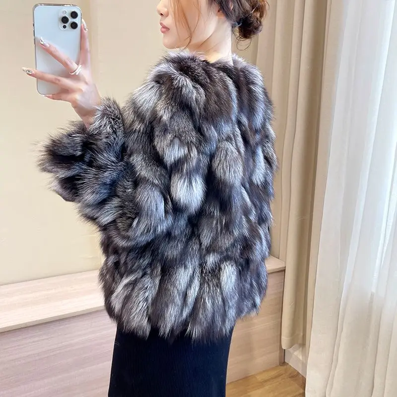 100% fox fur coat loose short slimming top Silver fox fur one