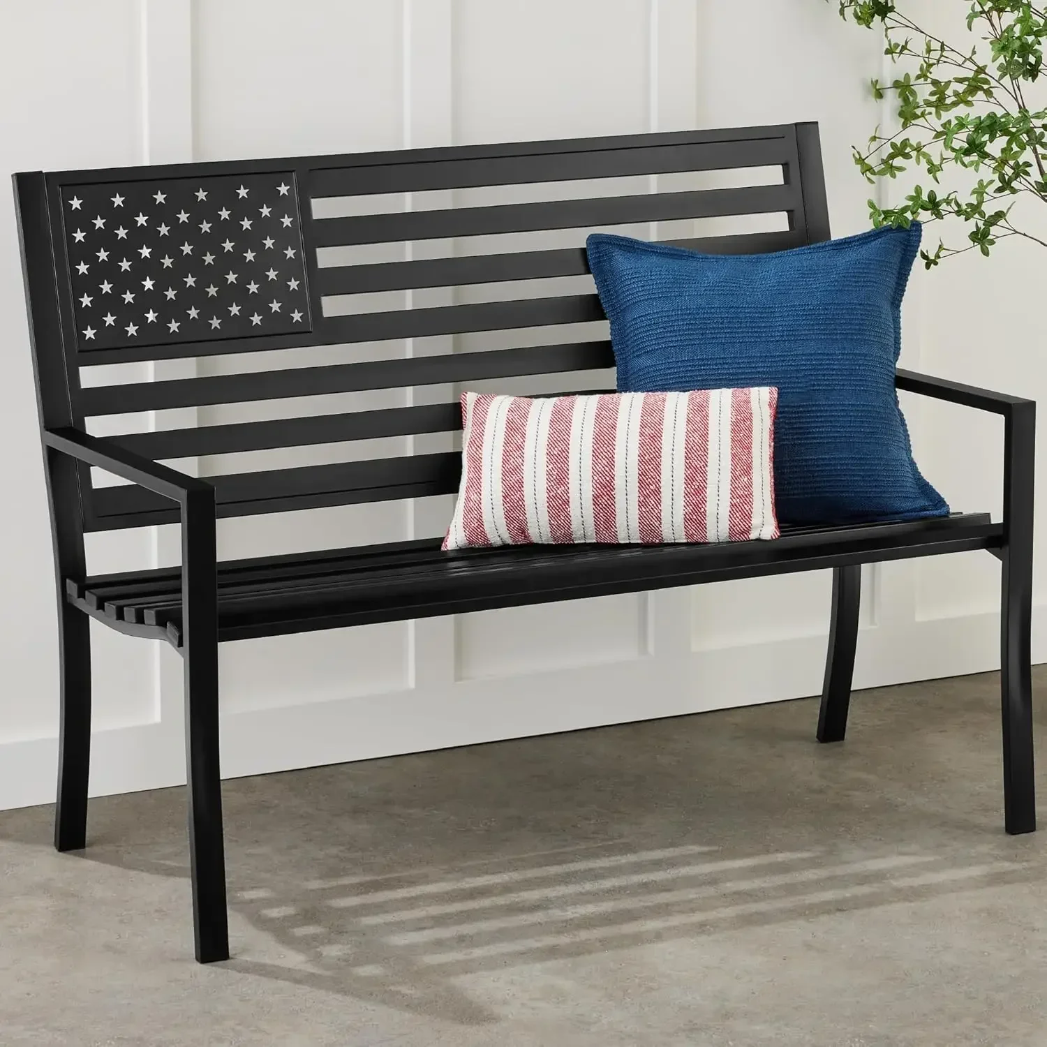 Outdoor Bench 2-Person Steel Indoor/Outdoor Bench for Garden, Patio, Porch, Entryway w/American Flag, 790lb Capacity – Black