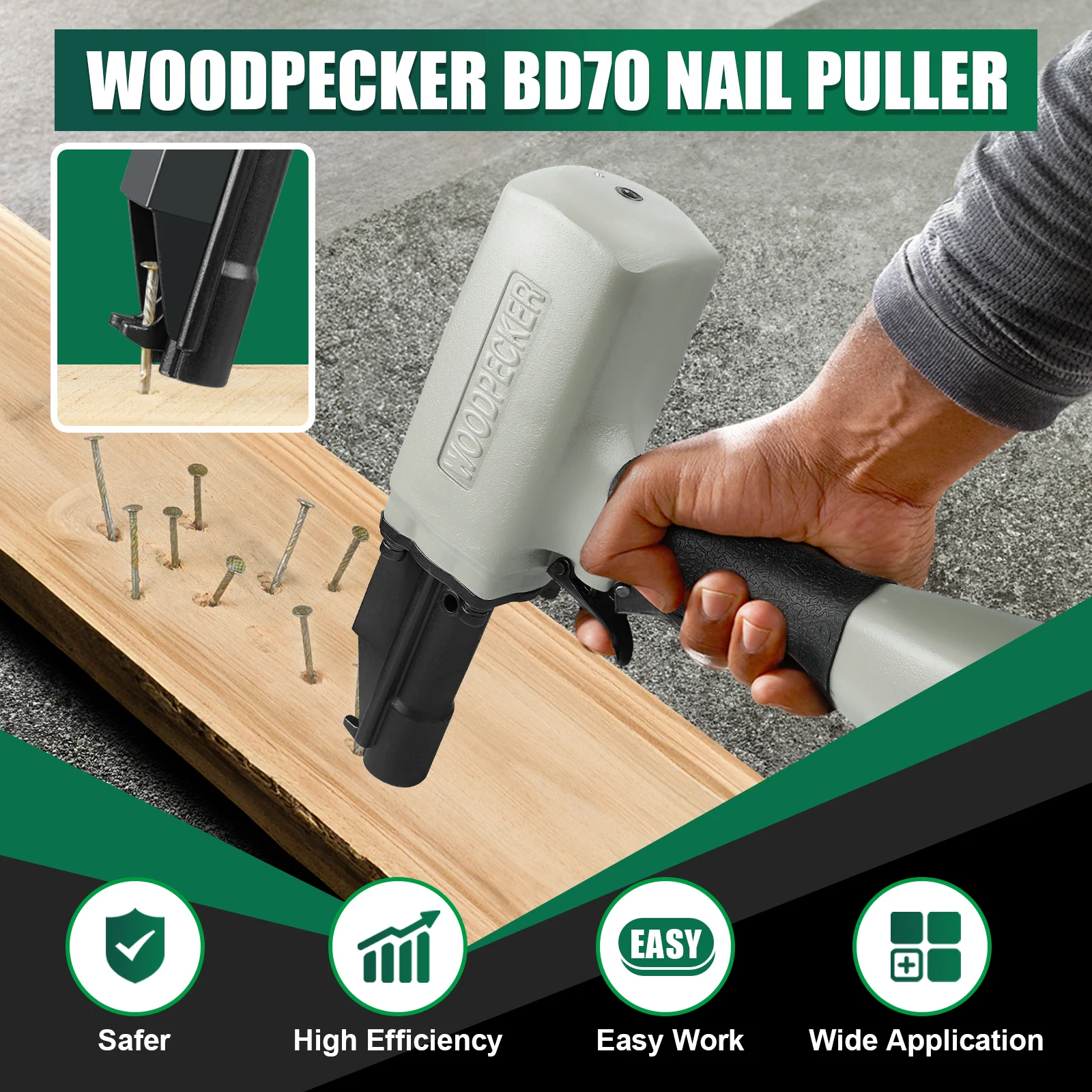 WOODPECKER BD70 Pneumatic Nail Puller with Safety, for Removing Rusty Pallet Nails from Discard or Recycled Wood