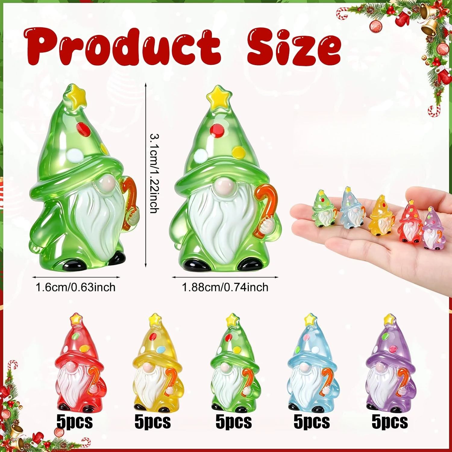25 Pcs Luminous Christmas Mini Resin Gnomes for Fairy Garden Decor Small Resin Christmas Tree Gnome Miniature Gnomes Decoration