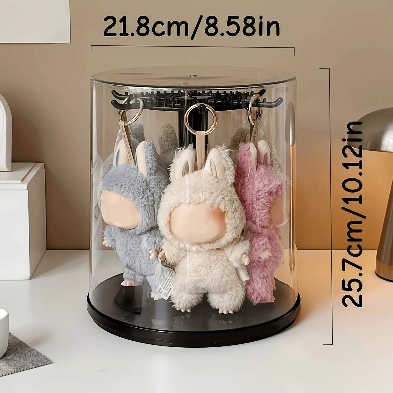 360 ° خزانة عرض دوارة سوداء من LABUBU مع غطاء قبة وقاعدة مقاومة للغبار - صندوق تخزين المقتنيات الأسطوانية #3