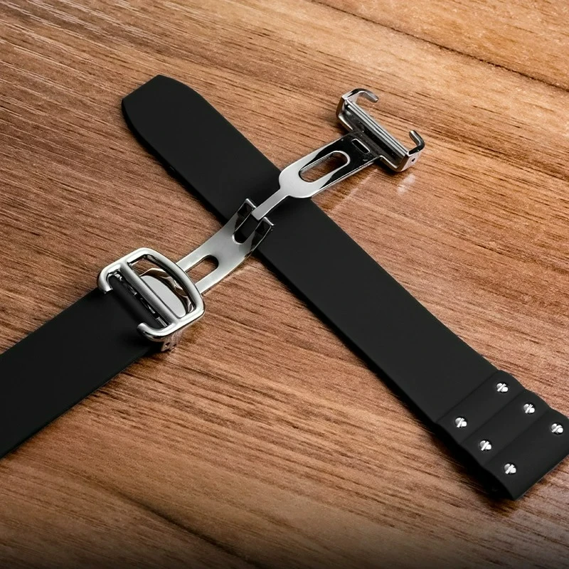 Riveted Silicone Watch Band for Cartier Santos Sandoz 100 Series Folding Buckle Watch Strap 21mm Straight Interface Black Blue