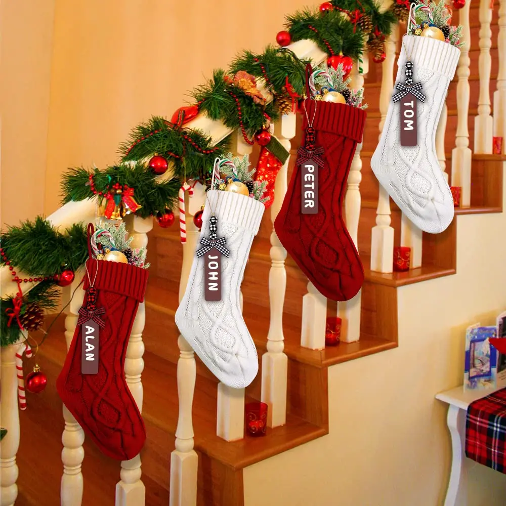 Red and white holiday decoration Christmas stockings, wired knitted Christmas hanging sock decorations for holiday Christmas par