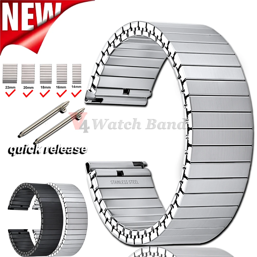 Nueva correa elástica de acero inoxidable de liberación rápida, accesorios de correa de reloj de 14/16/18/20/22mm, pulsera, correas de expansión de Metal