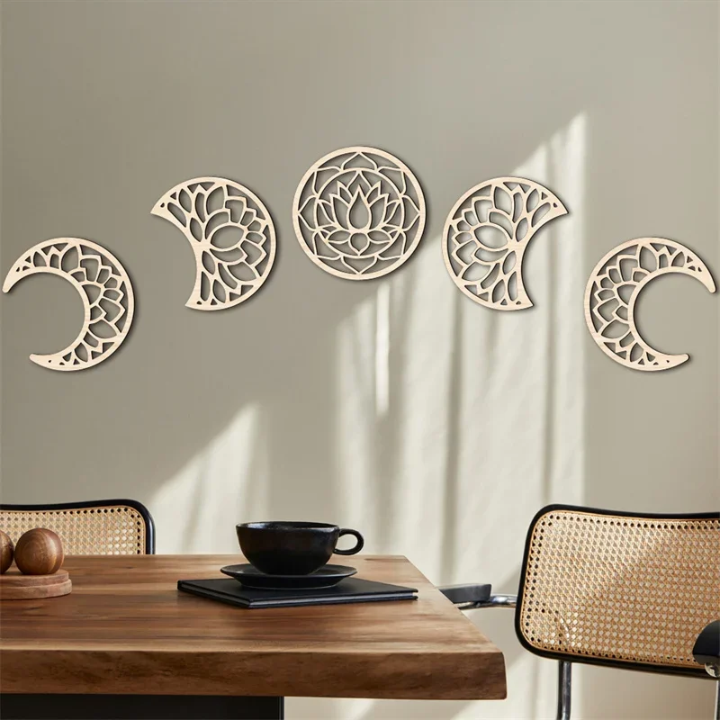 Decoración de Luna bohemia para habitación, adorno de Bar, decoración de pared de fase lunar, arte de pared de Luna colgante de madera, arte de pared de fases de luna nórdicos 2025, 5 uds.