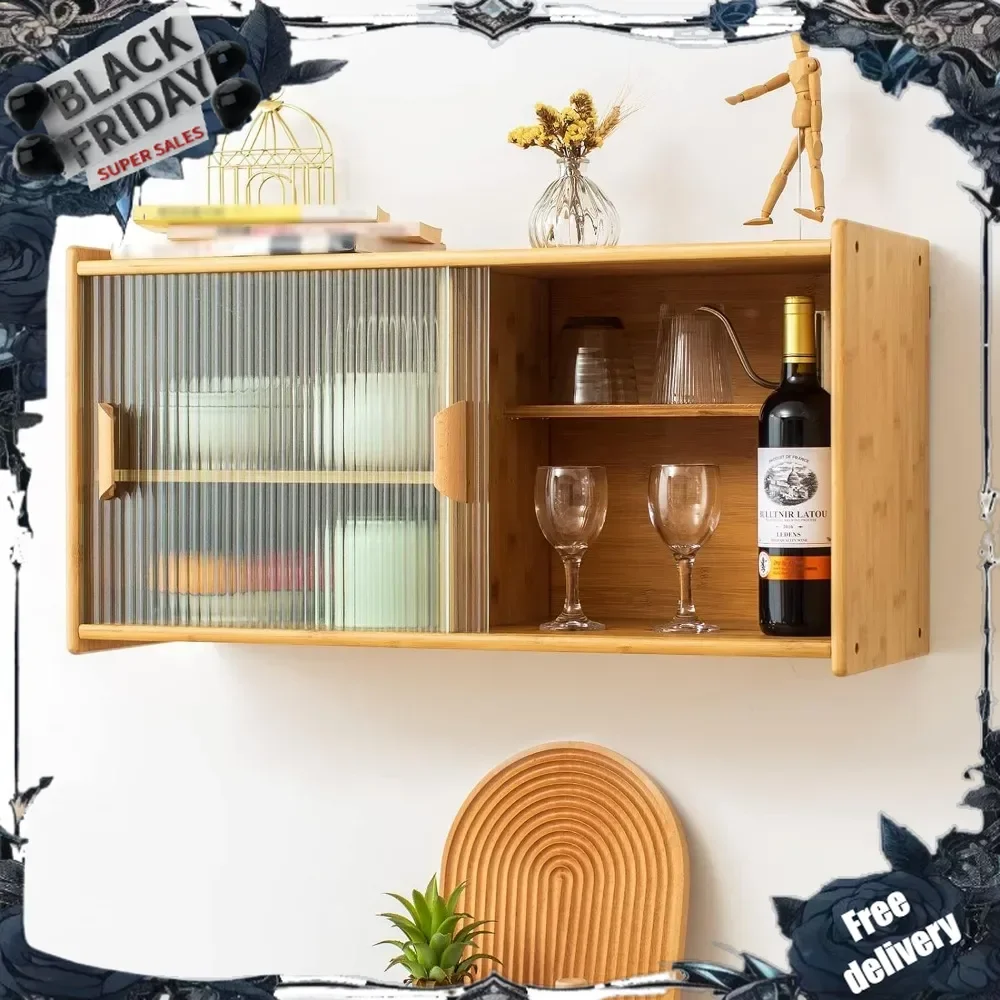 Small Bamboo Wall Mounted Kitchen Pantry Sideboard with 2 Doors, Coffee Wine Bar Storage Cabinet for Liquor and Glasse