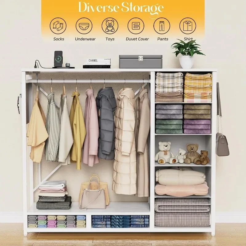 Cômoda para casa e cozinha para quarto com luzes LED e estação de carregamento, baú de armazenamento com 7 gavetas com ganchos e coágulo