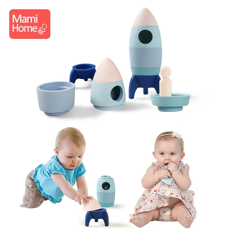 طفل سيليكون كتل بناء صاروخ لعبة نموذج بنة عضاضة لعبة الغذاء الصف سيليكون الأطفال مضغ لعبة طفل الملحقات