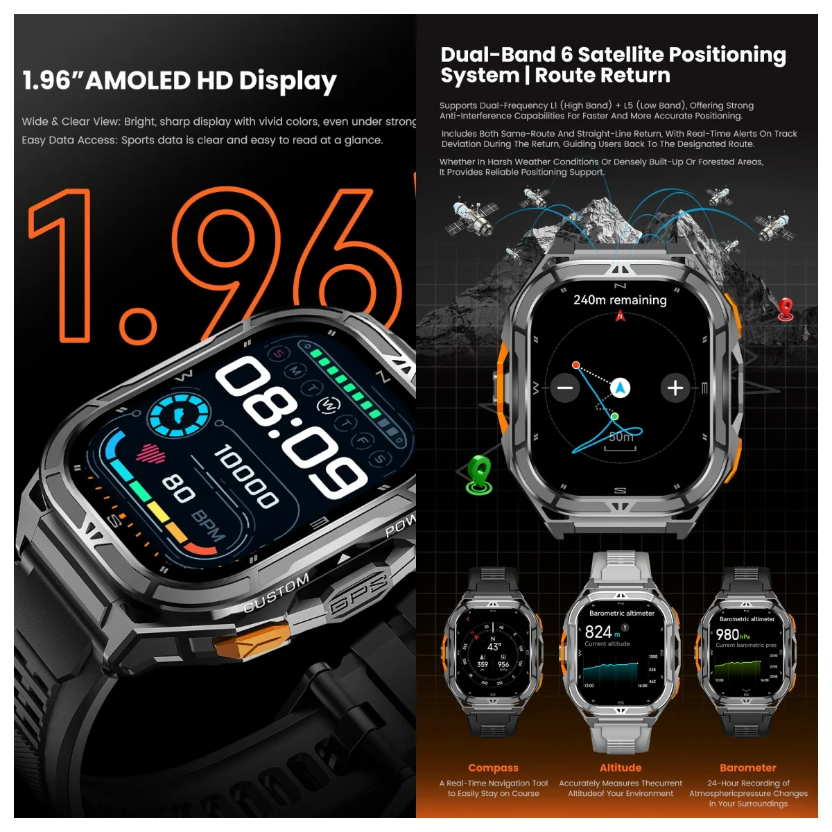 VWAR Apex GPS Smart Watch 50m Deep Waterproof Bluetooth Call Men's Sport Smartwatch Compass Altitude Barometer for Huawei Xiaomi