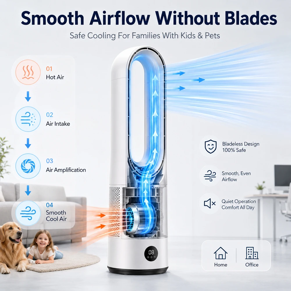 Bladeless Floor Fan with Remote Control 8 Wind Speeds LED Display 1-8H Timer Oscillating Silent Tower Fan 220V/110V