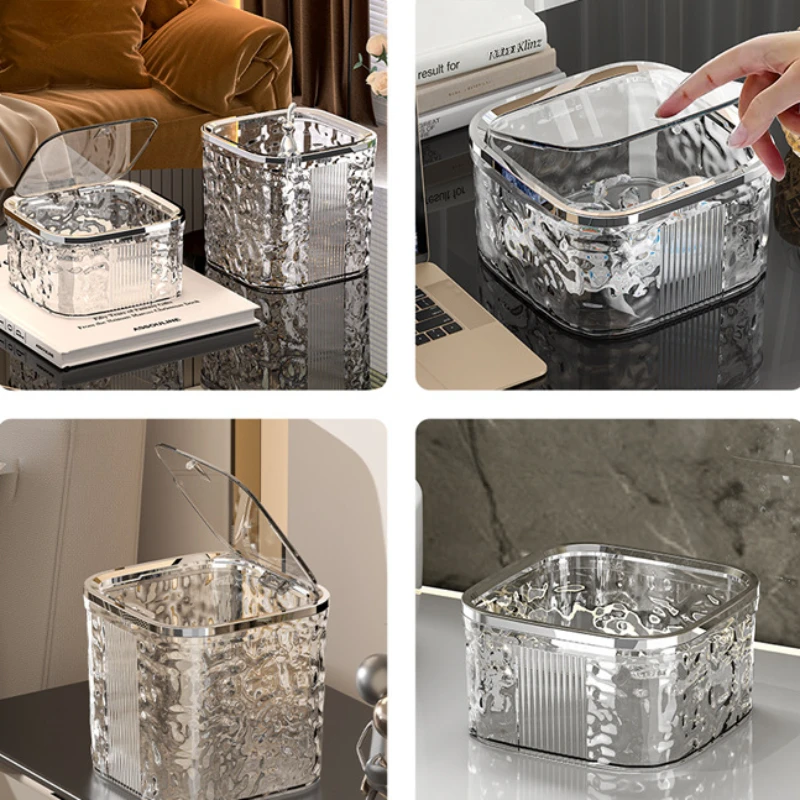 Light Luxury Pressing Desktop Trash Can Glacier Pattern Table Paper Basket Living Room Mini Garbage Bin Nordic Storage Bucket