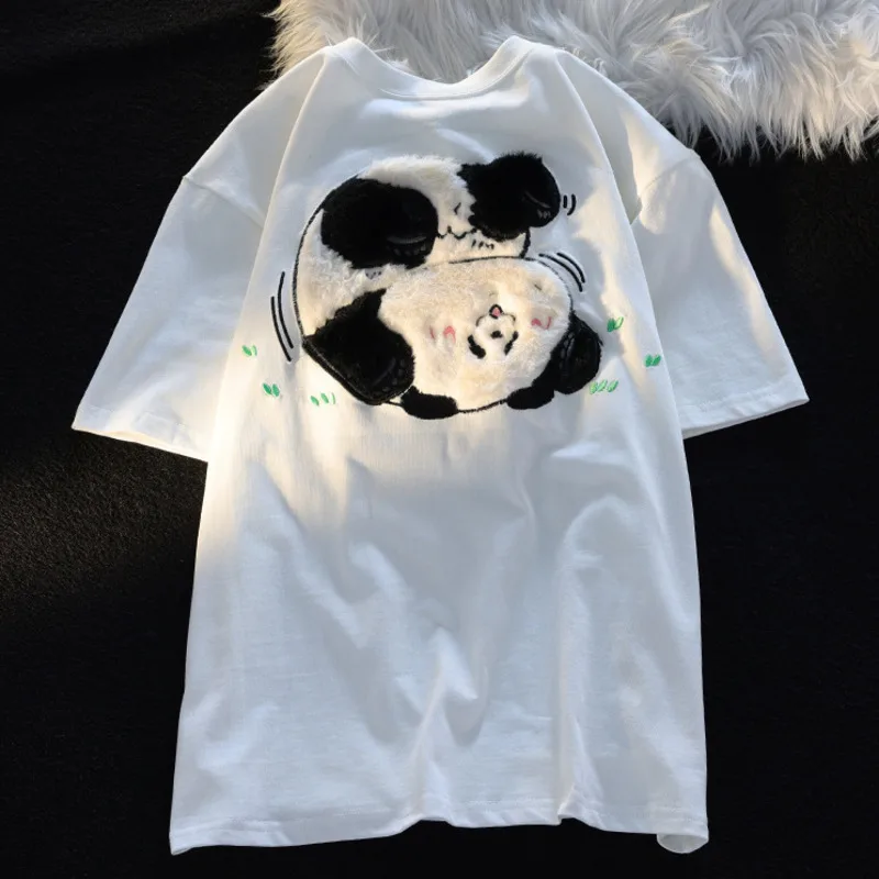 2024 Summer New Short-sleeved Cartoon Panda Flocking T-Shirts Women Plush Embroidery Sweet Cute Tee Shirts Harajuku Streetwear