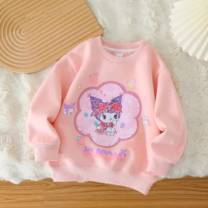 Kuromi Children Girl Pullover Autumn Clothing Cute Long Sleeve Sequins Change Pattern Tops Hoodie Cartoon Kids Girls Sweatshirt