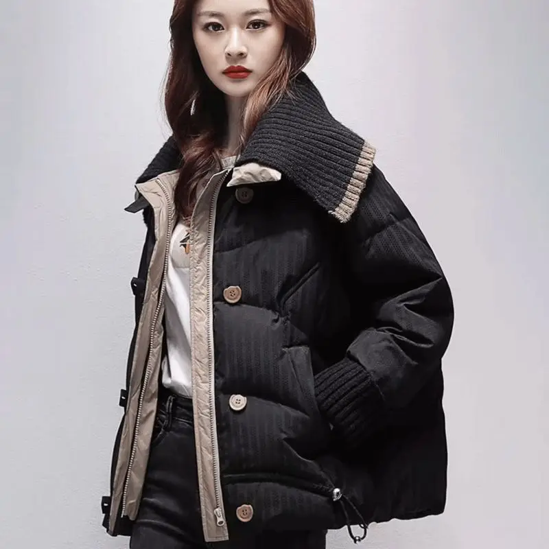 Women Down Cotton Jacket New Fashion Knitted Splicing Turndown Collar Winter Korean Thick Warm Parkas Overcoat Female Cotton