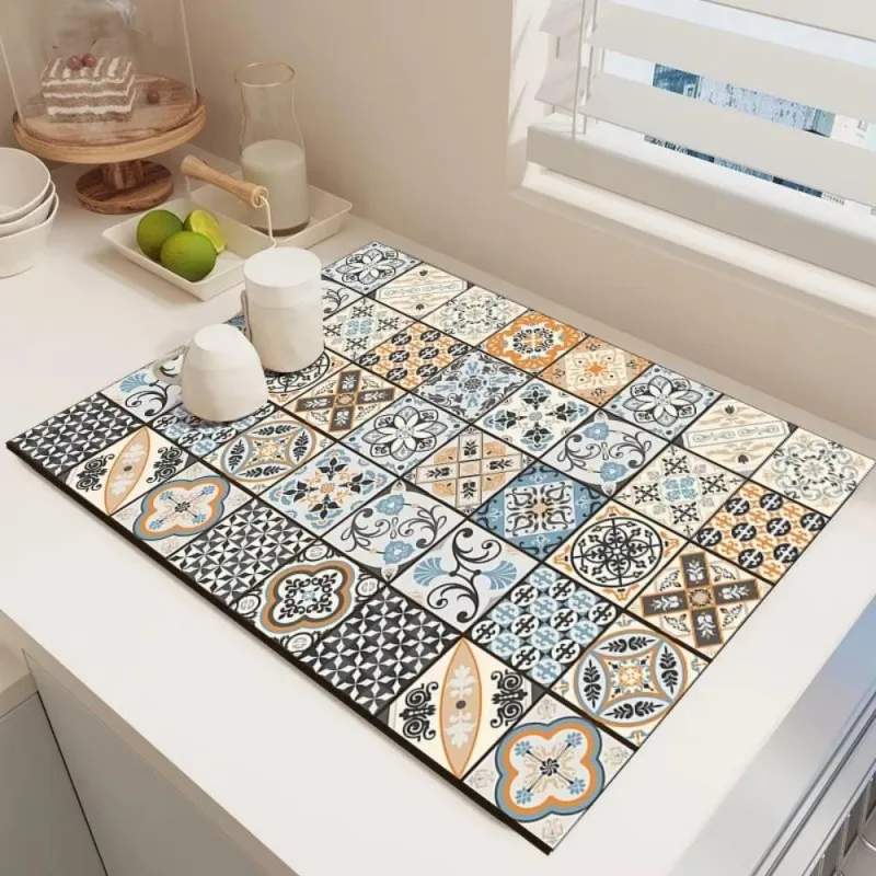 VIKAMA Moroccan Tile Drainage Mat for Bathroom Vanity & Kitchen Counter, Non Slip & Washable, Home Accessories