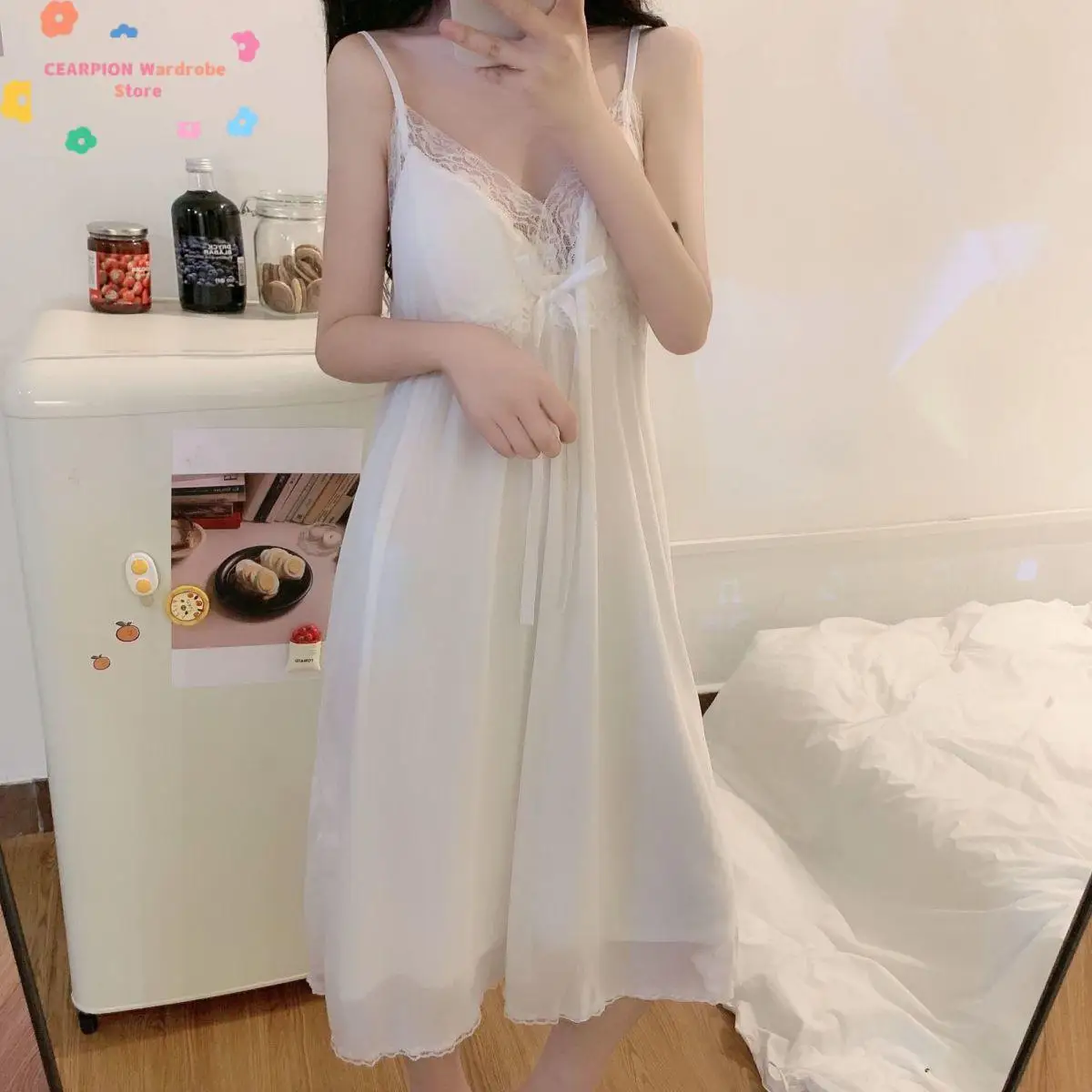 Fairy Lace V-Neck Sleepshirt Women Princess Spaghetti Strap Midi Nightgown White Satin Sleepwear Sweet Home Dressing Gown