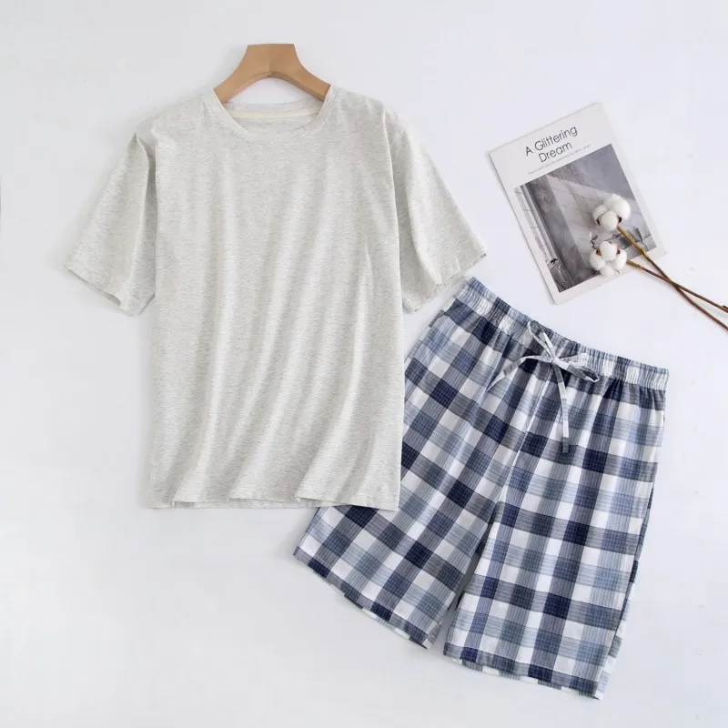 Men's Spring and Summer 100% Cotton Crepe Pajamas Two-piece Clothes Sets Thin Large Size Loose Sports Home Wear Suit Sleepwear