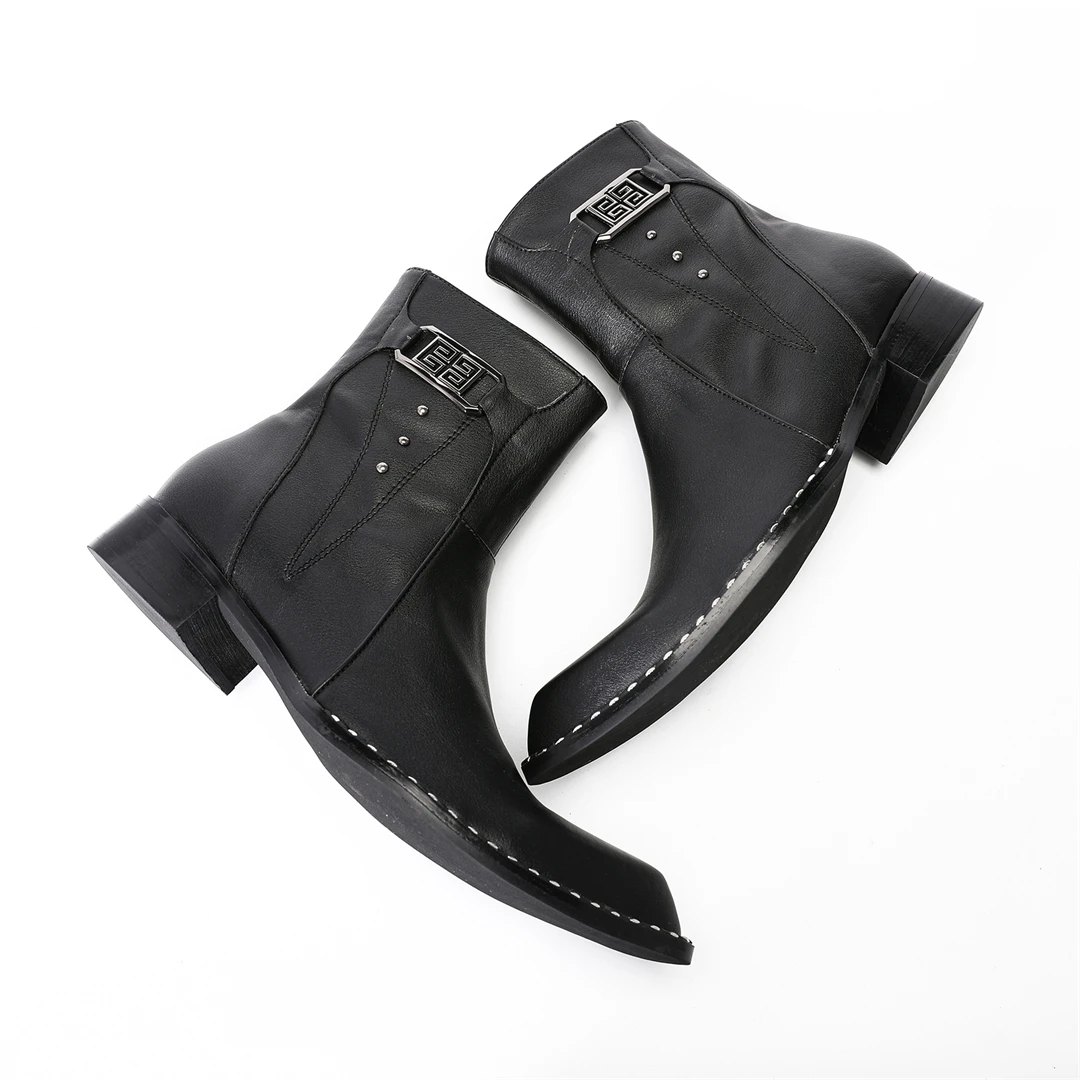 fashion black pointed toe men genuine leather ankle boots man zipper motorcycle short boots male formal business dress shoes view 4